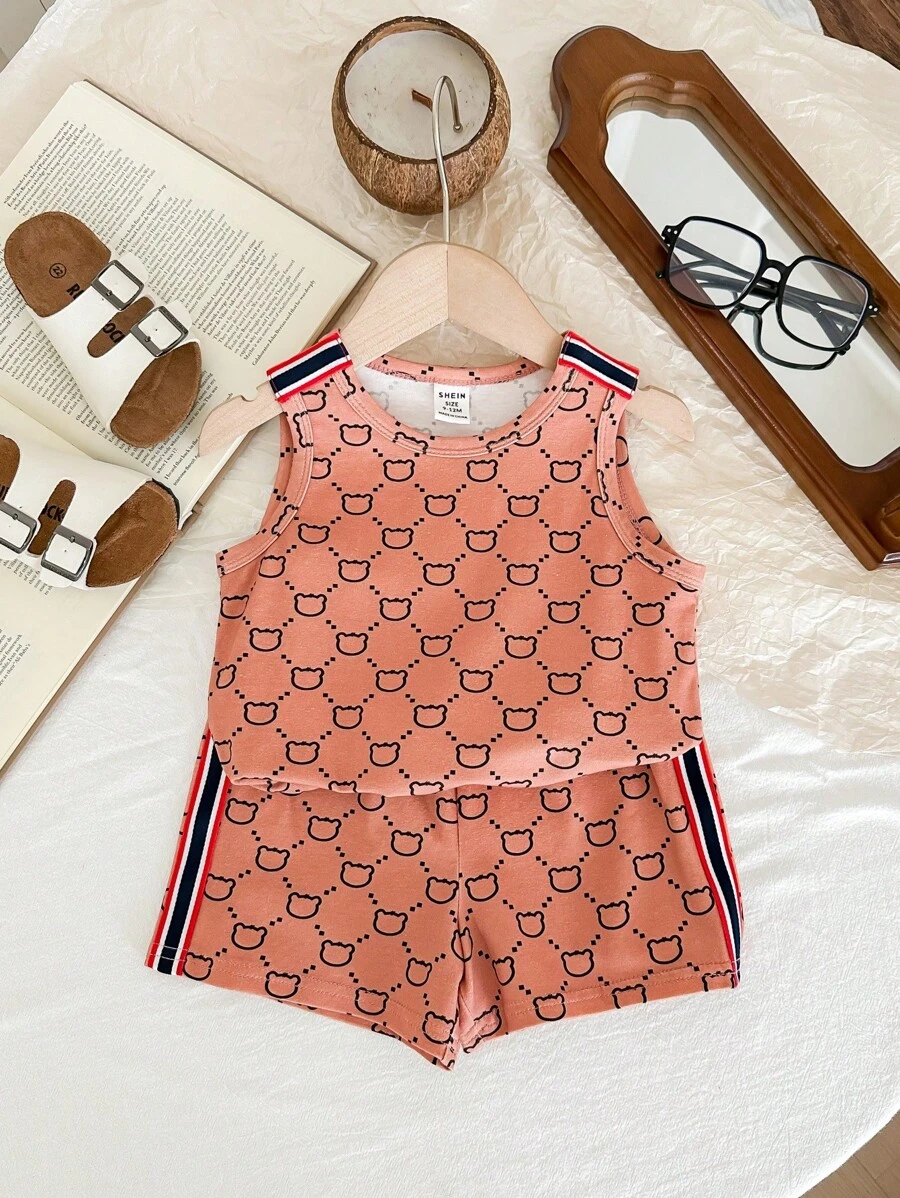 SHEIN Unisex Baby Cute Bear Printed Tank Top And Shorts Set, Summer - Brown - View 1
