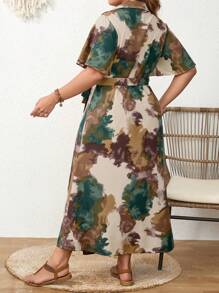 Modelyn Vestido largo de verano con estampado de teñido anudado de talle alto con volantes en las mangas cortas para mujeres de talla grande, vestido de noche largo para mujer