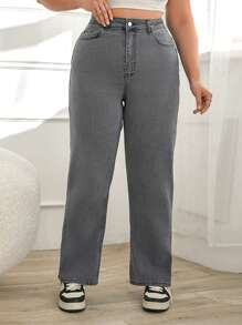 SHEIN Cottnline Fashionable Loose Solid Color Jeans For Plus Size Women - Grey - View 1