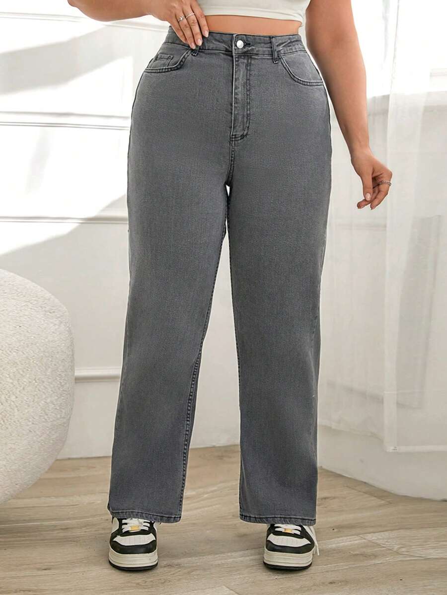 SHEIN Cottnline Fashionable Loose Solid Color Jeans For Plus Size Women - Grey - View 1