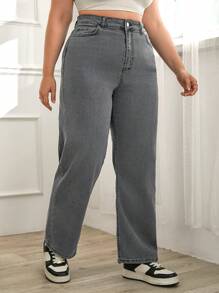 SHEIN Cottnline Fashionable Loose Solid Color Jeans For Plus Size Women - Grey - View 5