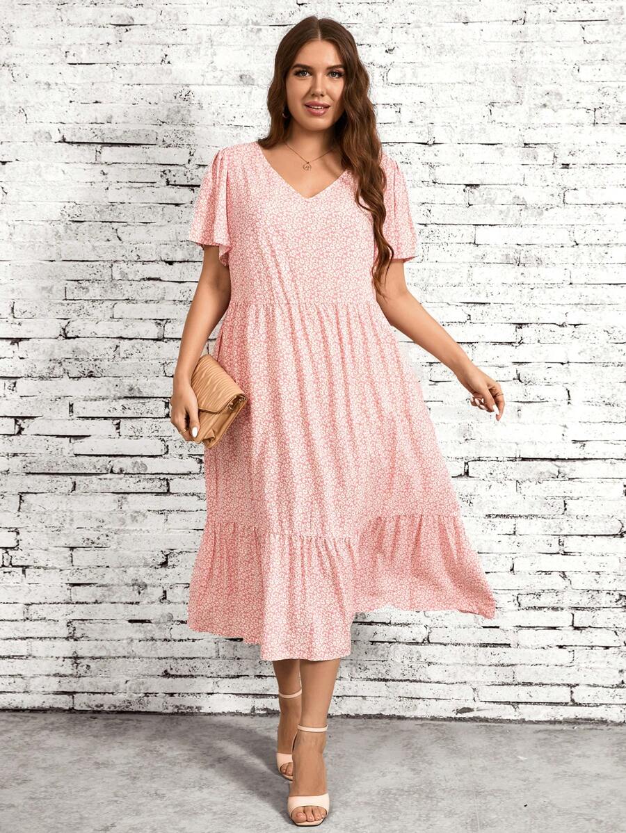 SHEIN LUNE 大尺碼女士夏季假期小花圖案Ｖ領荷葉短袖長寬鬆裙 - 粉色 - 查看 1
