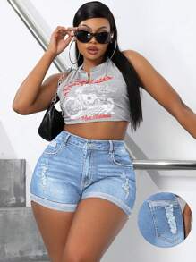 SHEIN SXY 大尺碼中腰彈性後褶拼接牛仔短褲