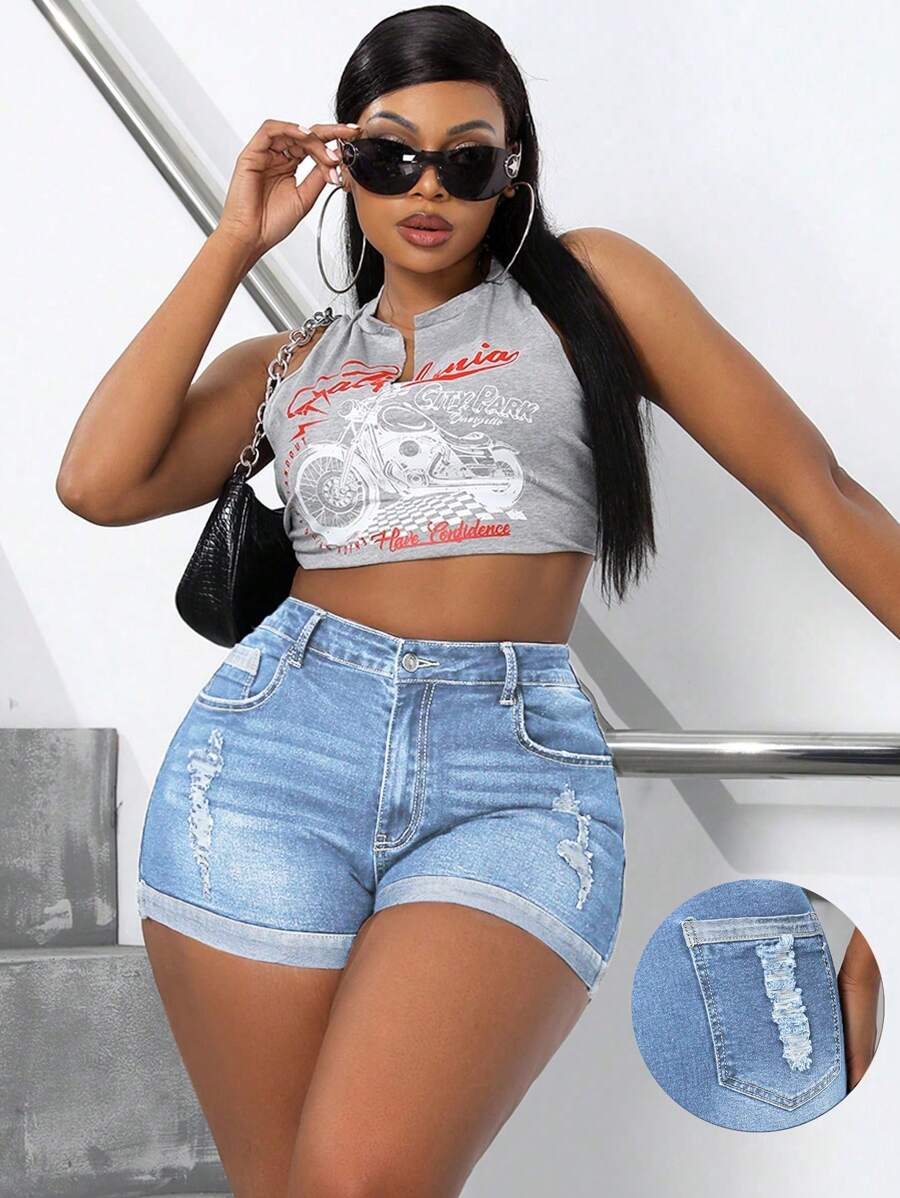 SHEIN SXY 大尺碼中腰彈性後褶拼接牛仔短褲