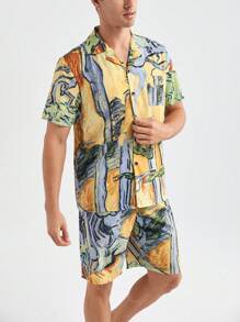 Men's Summer Random Print Short Sleeve Shorts Home Wear Set - Yellow - View 8