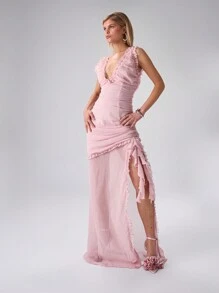 MUSERA Damska sukienka w jednolitym kolorze, dekolt w serek, bez rękawów, letnia, prześwitująca, asymetryczna, z falbankami na dole, seksowna i elegancka, na wiosnę i wyjście