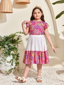 SHEIN Tween Girls Extended Size Loose Casual  Print Cap Sleeve Shirt And Skirt Set - White - View 4