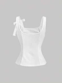 SHEIN MOD Camiseta blanca sin mangas con lazo para el almuerzo, camiseta para fiesta, camiseta de graduación - Blanco - Ver 2