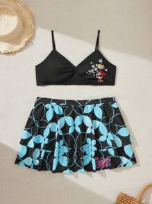 THE POWERPUFF GIRLS X SHEIN Plus Size 2pcs/Set Stretch Knit Casual Cartoon And Butterfly Print Bikini Set , Summer Beach - Multicolor - View 1