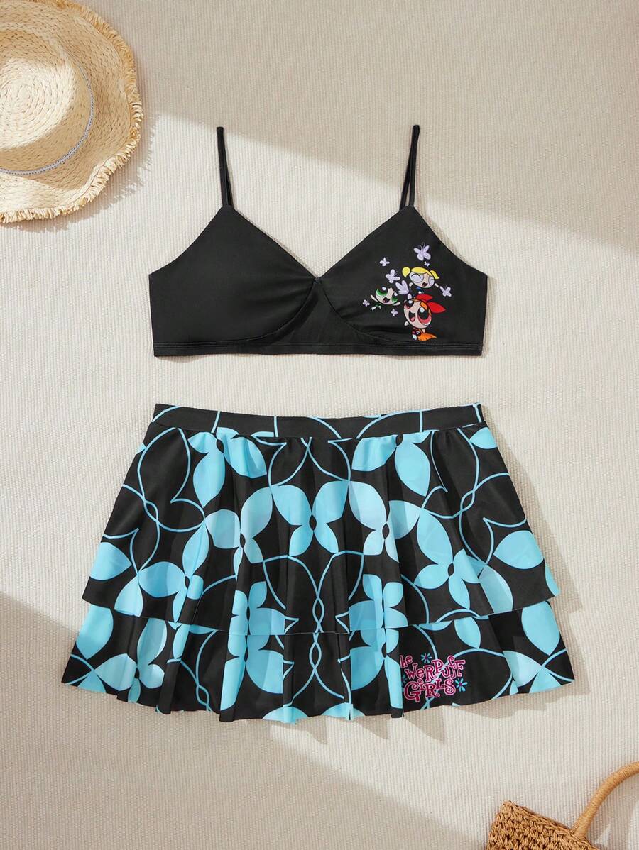 THE POWERPUFF GIRLS X SHEIN Plus Size 2pcs/Set Stretch Knit Casual Cartoon And Butterfly Print Bikini Set , Summer Beach - Multicolor - View 1