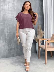 SHEIN LUNE Áo sơ mi denim cổ tròn rộng rãi cỡ lớn màu xanh lam đơn giản thường ngày có vai trễ - Màu Hồng Tươi - Xem 5
