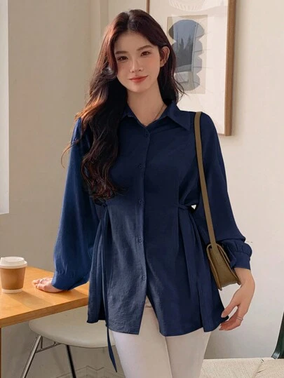 DAZY Women's Spring/Summer Solid Color Lantern Sleeve Casual Loose Shirt With Waist Tie,Fall Clothes Long Sleeve Top