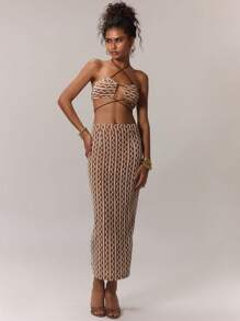 MUSERA Textured Contrast Stripe Skirt Boho Summer Cute Vacation - Camel - View 3