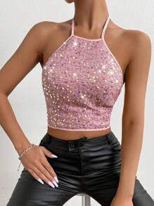 Allurite Top brillante sin espalda con ataduras en la espalda para mujer, perfecto para festivales de música en verano y ropa para fiestas de vacaciones