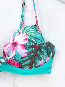 Swim Lushoire 女款夏日海灘花卉印花比基尼套裝，扭結細節設計，隨機印花，有內托push up設計 - 彩色 - 查看 7