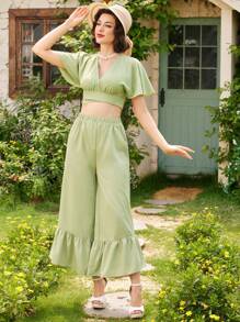 Vintamour 复古优雅女士两件套度假套装，V 领上衣，荷叶边袖子和领结，阔腿裤，荷叶边下摆，宽松阔腿女裤夏装节日服装夏季套装乡村音乐会服装两件套绿色 - 綠色 - 查看 1