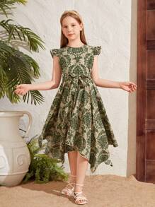 Tween Girl Vacation Style Round Neck Cap Sleeve Dress With Asymmetrical Hemline, Knee-Length - Green - View 9
