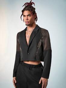 FeverCity Men's Sheer Mesh Splice Single Button Long Sleeve Cropped Blazer Jacket, For Fall Winter - Black - View 1