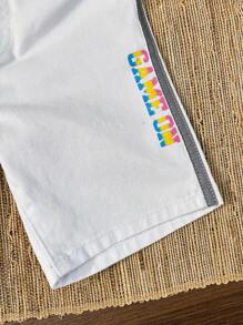 SHEIN Young Boy Stylish Casual Comfort Baggy Denim Lettering And Game Print With Side Reflective Strip Design For Boys Shorts For Vacation And Dailywear - White - View 6