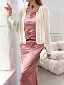 Modelyn 女士粉色褶皱吊带连衣裙和白色长袖夹克优雅夏季两件套服装 2 件套 - 彩色 - 查看 1