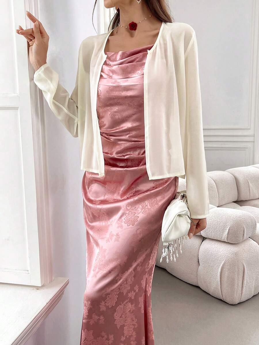 Modelyn 女士粉色褶皱吊带连衣裙和白色长袖夹克优雅夏季两件套服装 2 件套 - 彩色 - 查看 1