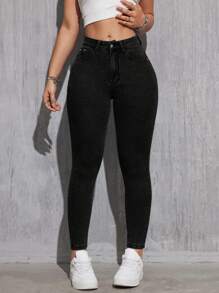 SHEIN EZwear 女性修身日常穿搭口袋牛仔褲，適合旅行 - 黑色 - 查看 4