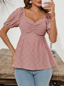 SHEIN Clasi Women's Summer Puff Sleeve Texture T-Shirt - Pink - View 4