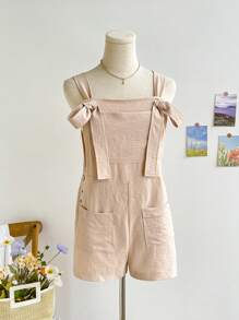 Soleia Women Casual Holiday Solid Color Dungarees Jumpsuit With Double Pockets - Apricot - View 1