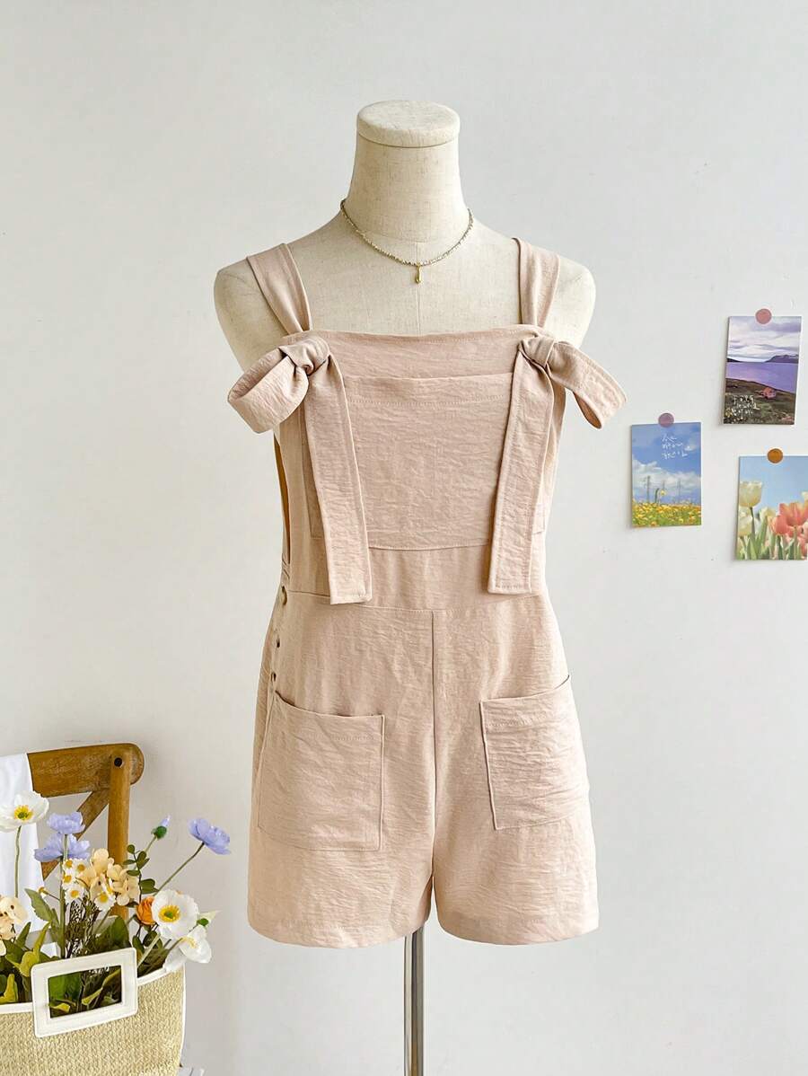 Soleia Women Casual Holiday Solid Color Dungarees Jumpsuit With Double Pockets - Apricot - View 1