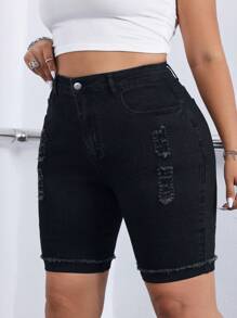 SHEIN ICON Plus Size Stretchy Distressed Denim Shorts With Washed Finish - Black - View 3