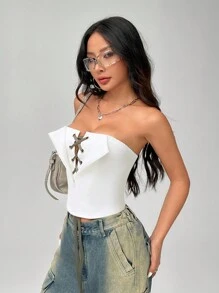 SHEIN Unity Women's Summer Tube Top With Eyelet Tie, Slim Fit Blouse - White - View 3