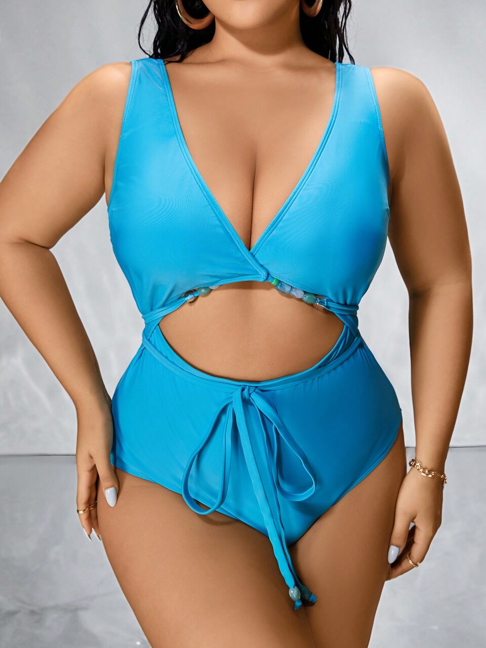 Plus Size Summer Beach Solid Color Waist Cut-Out Swimsuit With Bead Decoration