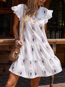 Breezaya 圆领短袖连衣裙，全身印花和荷叶边下摆，适合夏季度假海滩装女士 - 白色 - 查看 3