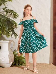 Letnia sukienka dla dziewczynki Tween o luźnym kroju, na ramiączkach typu spaghetti, z falbaną u dołu i drobnymi kwiatami, długość midi - Zielony - Zobacz 3