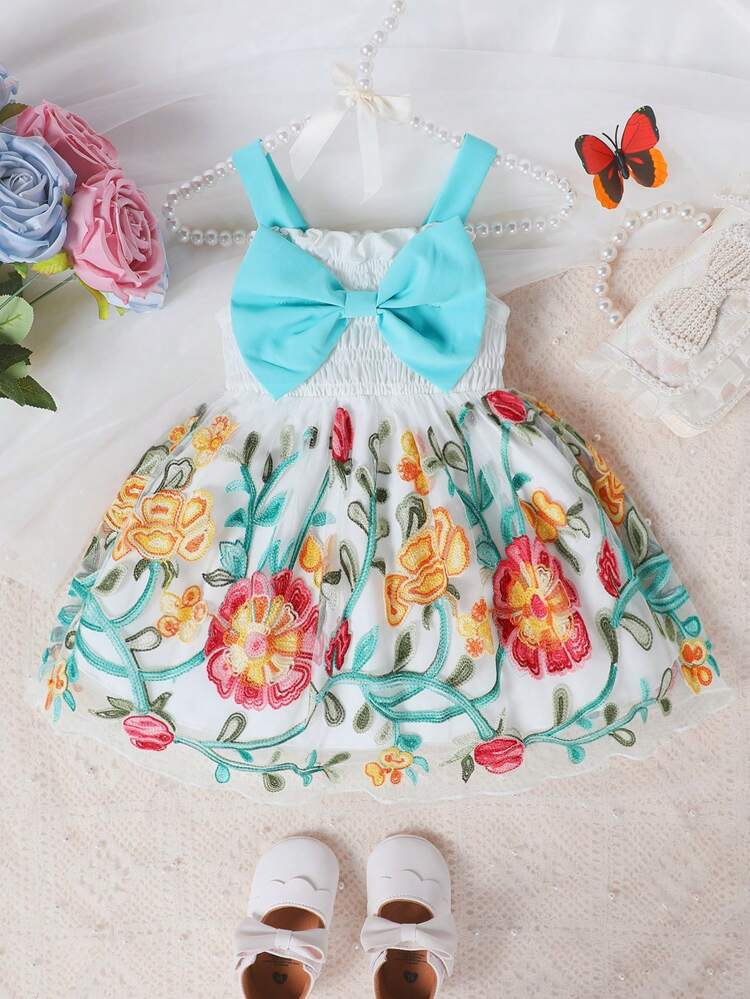 Embroidered Mesh Bowknot Baby Girl Summer Lovely Sweet Dress With Shoulder Straps