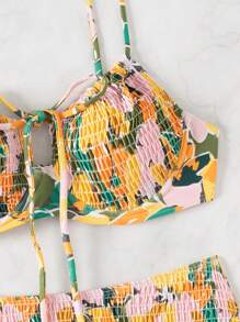 Twin Melody X SHEIN SHEIN Swim 夏季女士海滩度假花卉印花褶皱前系带性感比基尼套装 - 彩色 - 查看 6