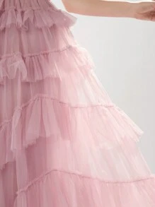 Enchnt 女士夏季時尚純色網眼荷葉邊交叉綁帶收腰無袖連衣裙 - 粉色 - 查看 8