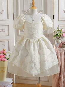 SHEIN Tween女孩心形領泡泡袖花卉洋裝，收緊腰身和不對稱的下擺 - 杏色 - 查看 1