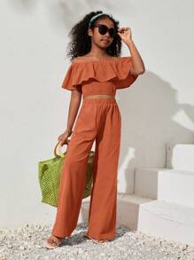 SHEIN Tween Girl Casual Spring/Summer Woven Solid Color Off Shoulder Top And Loose Pants Set