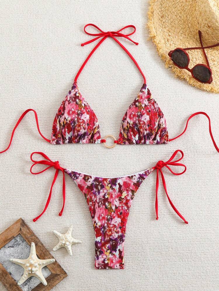 Women's Ditsy Floral Halter Neck Tie Sexy Bikini Set For Vacation,Summer Beach