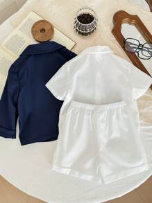 SHEIN Baby Boy Solid Color Short Sleeve Polo Shirt, Shorts, And Jacket Set Suitable For Formal Occasions Such As Weddings, Banquets, 1st Birthday Celebrations