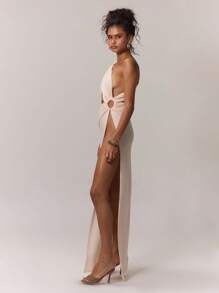 MUSERA Asymmetrical Neck Ring Detail Cut Out Slit Thigh Maxi Dress Elegant Spring Vacation Summer Going Out Long Dress - Beige - View 3