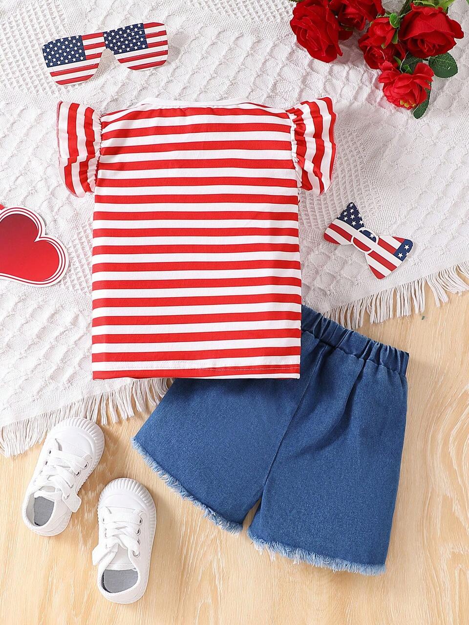 Baby Girl Summer Casual Fashion Streetwear Independence Day Printed Ruffle Sleeves Top & Raw Hem Denim Shorts Set 4th Of July Outfits
