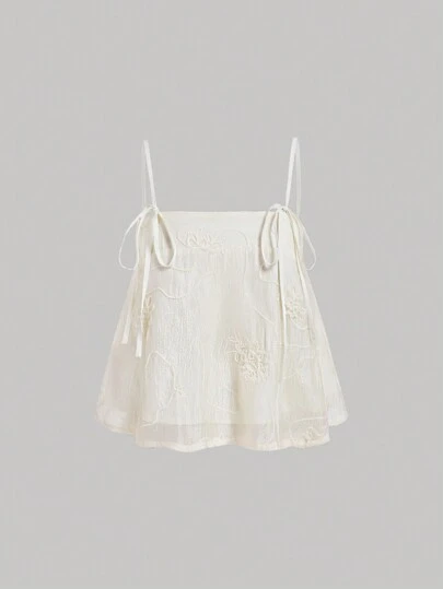 SHEIN MOD Plus Size Creamy Apricot Organza Embroidered Texture Ribbon Tie Camisole Doll Top Women's Tank Top
