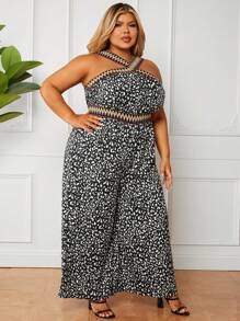 SHEIN CURVE+ Plus Size Leopard Print Splice Woven Tape Beach Jumpsuit With V Neckline And Cinched Waist - Black - View 2
