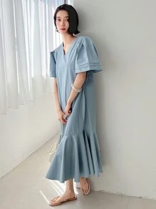 FRIFUL Đầm suông tay ngắn cổ chữ V màu trơn có viền nhún bèo cho nữ - Màu xanh lam - Xem 8