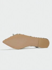 女士尖頭透明鑽石蝴蝶結時尚後背扣平底涼鞋，適用於旅行 - 金色 - 查看 8