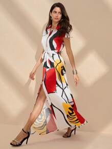 Anewsta Abstract Print Dress For Summer Vacation - Red and White - View 1
