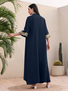 Al Najma Women's Contrast Color Fringe Decoration Jacket And Pants Two-Piece Set - Navy Blue - View 2