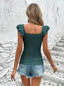 SHEIN VCAY Women's Summer Slim Fit Square Neck Flutter Sleeved T-Shirt - Dark Green - View 2